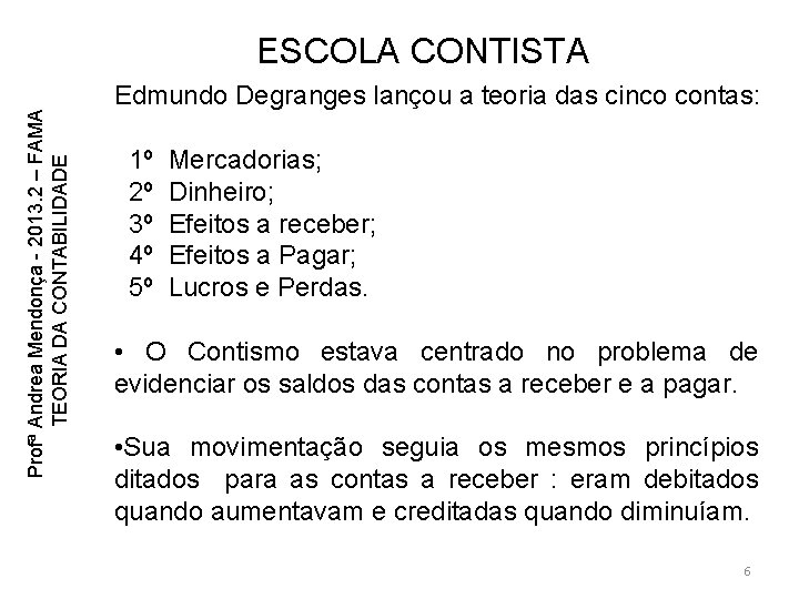 Profª Andrea Mendonça - 2013. 2 – FAMA TEORIA DA CONTABILIDADE ESCOLA CONTISTA Edmundo Profª Andrea Mendonça - 2013. 2 – FAMA TEORIA DA CONTABILIDADE ESCOLA CONTISTA Edmundo