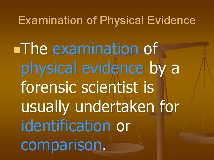 Examination of Physical Evidence n. The examination of physical evidence by a forensic scientist