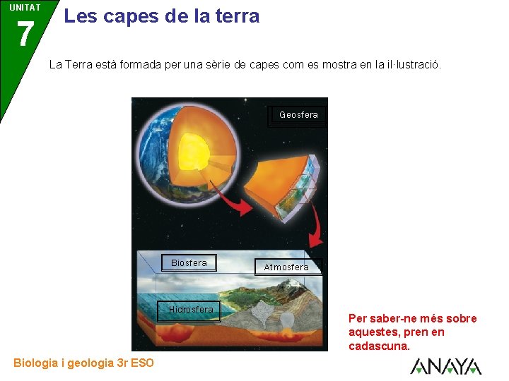 UNITAT 7 3 Les capes de la terra La Terra està formada per una