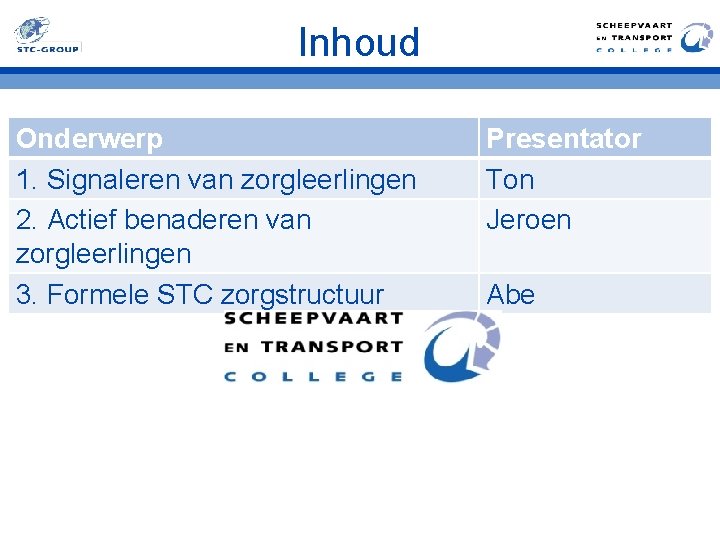 Inhoud Onderwerp 1. Signaleren van zorgleerlingen 2. Actief benaderen van zorgleerlingen 3. Formele STC