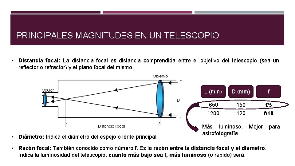 PRINCIPALES MAGNITUDES EN UN TELESCOPIO • Distancia focal: La distancia focal es distancia comprendida