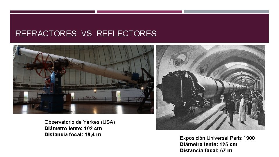 REFRACTORES VS REFLECTORES Observatorio de Yerkes (USA) Diámetro lente: 102 cm Distancia focal: 19,