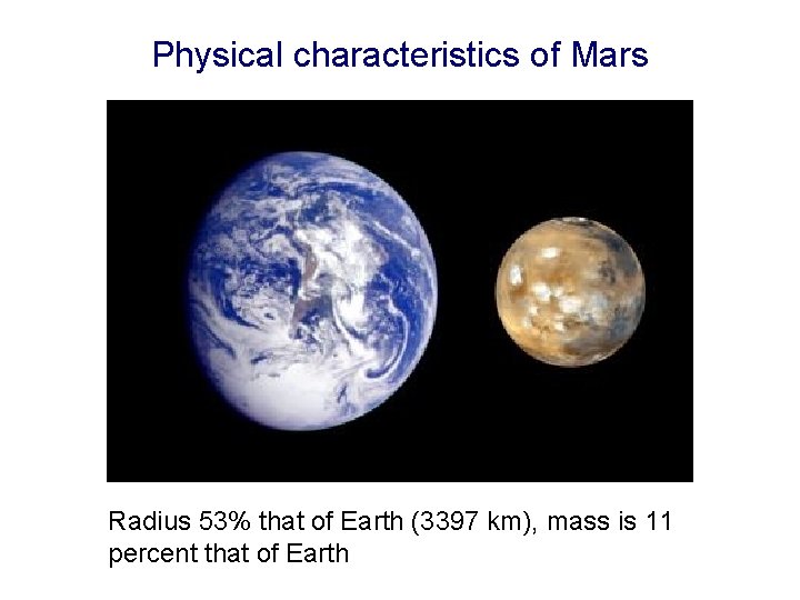 Physical characteristics of Mars Radius 53% that of Earth (3397 km), mass is 11