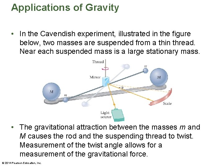 Applications of Gravity • In the Cavendish experiment, illustrated in the figure below, two