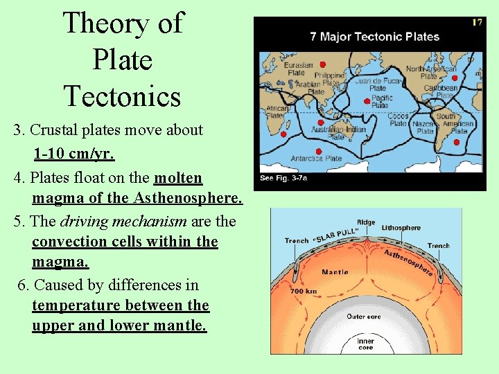Theory of Plate Tectonics 3. Crustal plates move about 1 -10 cm/yr. 4. Plates