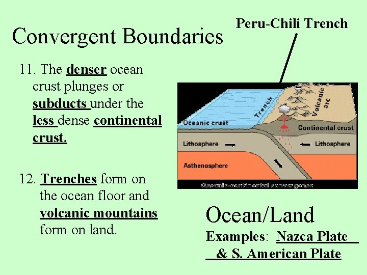 Convergent Boundaries Peru-Chili Trench 11. The denser ocean crust plunges or subducts under the