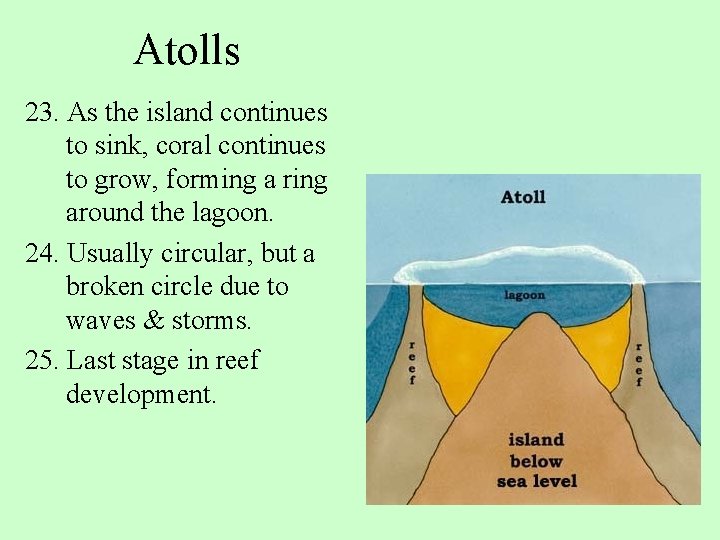 Atolls 23. As the island continues to sink, coral continues to grow, forming a