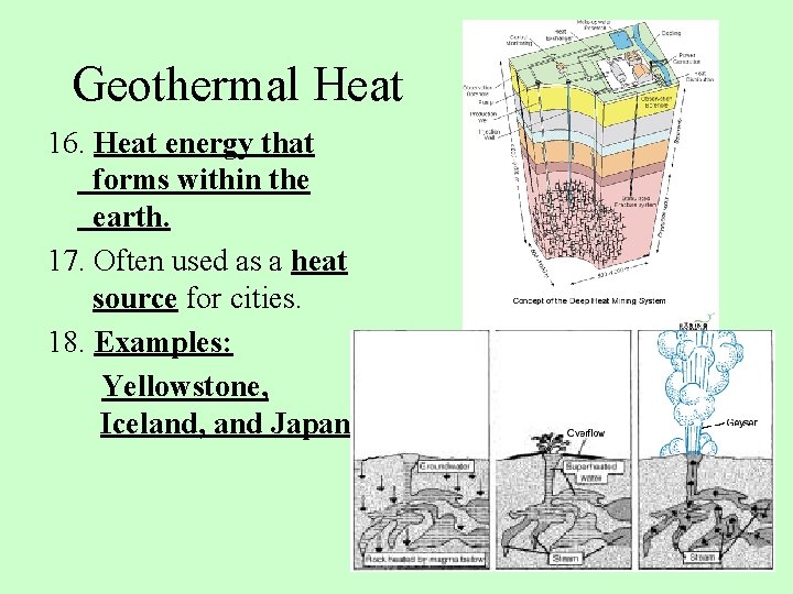 Geothermal Heat 16. Heat energy that forms within the earth. 17. Often used as