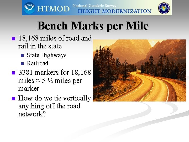 Bench Marks per Mile n 18, 168 miles of road and rail in the