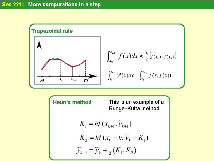 Sec 221: More computations in a step Trapezoidal rule Heun’s method This is an