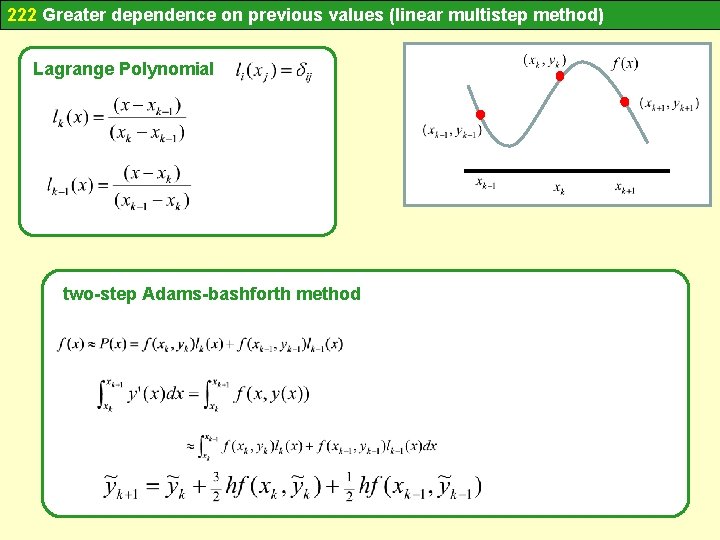 222 Greater dependence on previous values (linear multistep method) Lagrange Polynomial two-step Adams-bashforth method