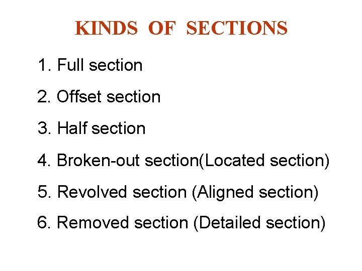 KINDS OF SECTIONS 1. Full section 2. Offset section 3. Half section 4. Broken-out