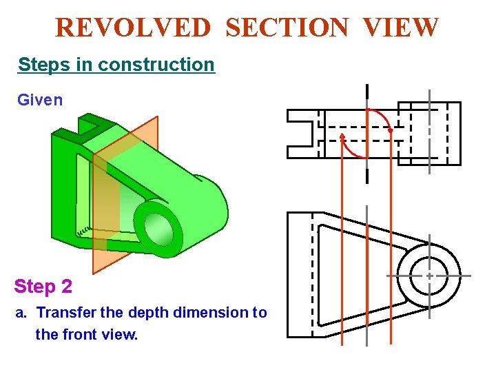REVOLVED SECTION VIEW Steps in construction Given Step 2 a. Transfer the depth dimension