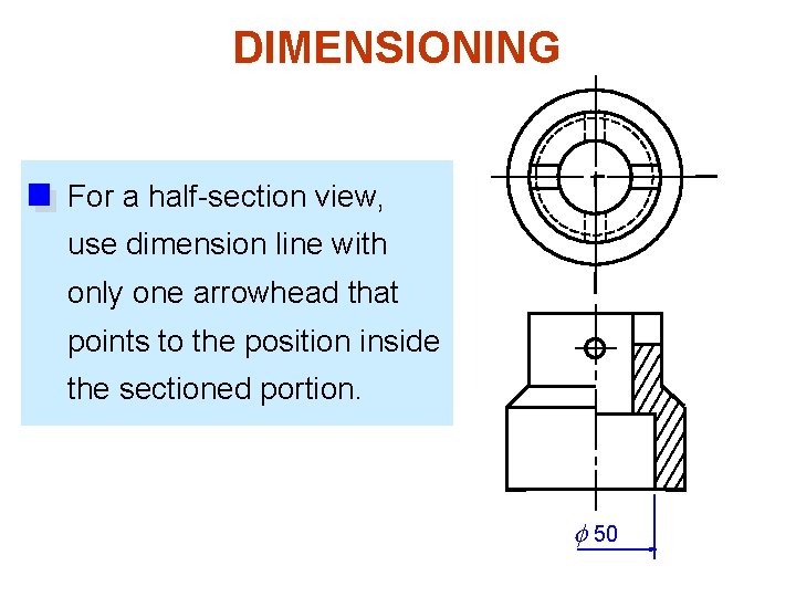 DIMENSIONING For a half-section view, use dimension line with only one arrowhead that points