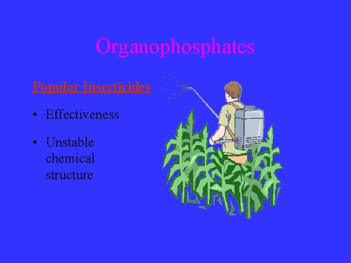 Organophosphates Popular Insecticides • Effectiveness • Unstable chemical structure 