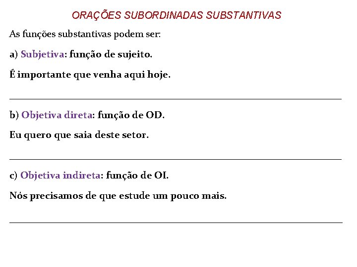 ORAÇÕES SUBORDINADAS SUBSTANTIVAS As funções substantivas podem ser: a) Subjetiva: função de sujeito. É