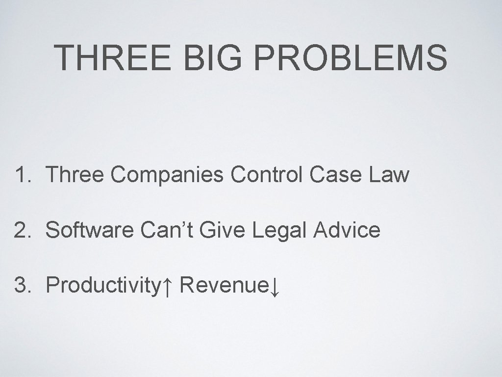 THREE BIG PROBLEMS 1. Three Companies Control Case Law 2. Software Can’t Give Legal