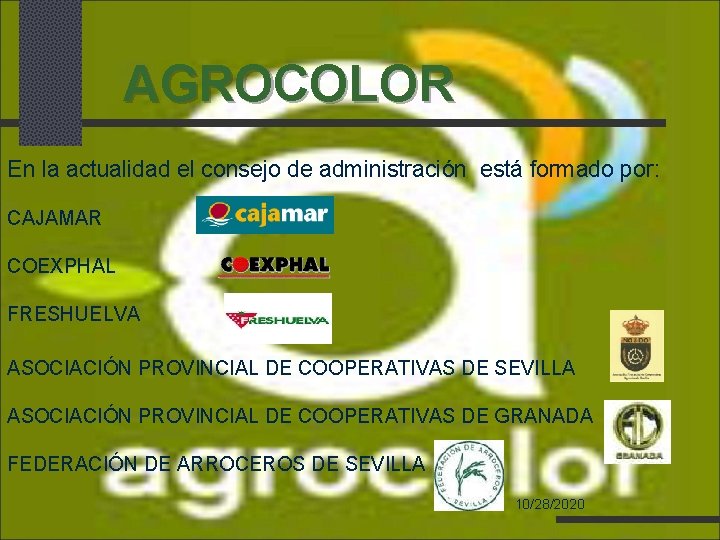 AGROCOLOR En la actualidad el consejo de administración está formado por: CAJAMAR COEXPHAL FRESHUELVA