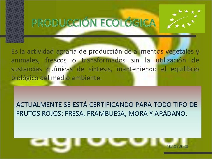 PRODUCCIÓN ECOLÓGICA Es la actividad agraria de producción de alimentos vegetales y animales, frescos