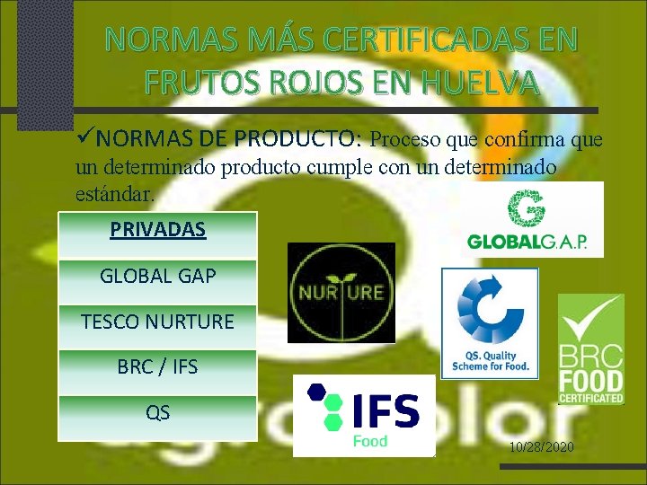 NORMAS MÁS CERTIFICADAS EN FRUTOS ROJOS EN HUELVA NORMAS DE PRODUCTO: Proceso que confirma