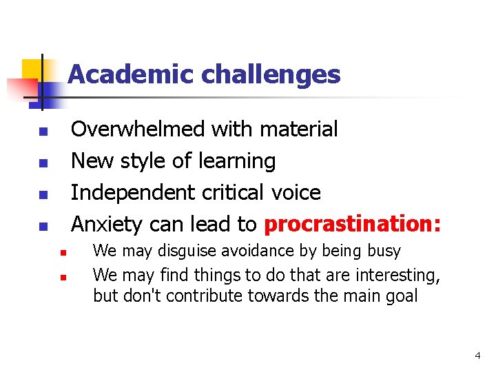 Academic challenges Overwhelmed with material New style of learning Independent critical voice Anxiety can Academic challenges Overwhelmed with material New style of learning Independent critical voice Anxiety can