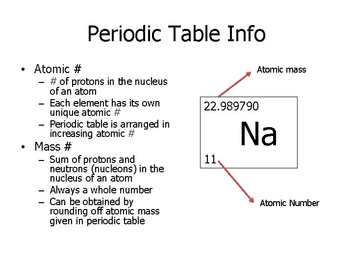 Periodic Table Info • Atomic # – # of protons in the nucleus of