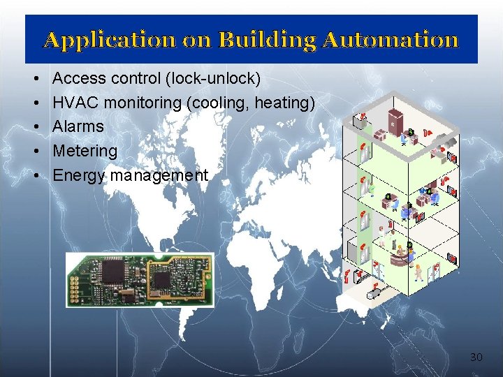 Application on Building Automation • • • Access control (lock-unlock) HVAC monitoring (cooling, heating) Application on Building Automation • • • Access control (lock-unlock) HVAC monitoring (cooling, heating)