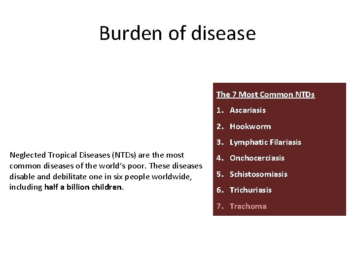 Burden of disease The 7 Most Common NTDs 1. Ascariasis 2. Hookworm 3. Lymphatic Burden of disease The 7 Most Common NTDs 1. Ascariasis 2. Hookworm 3. Lymphatic