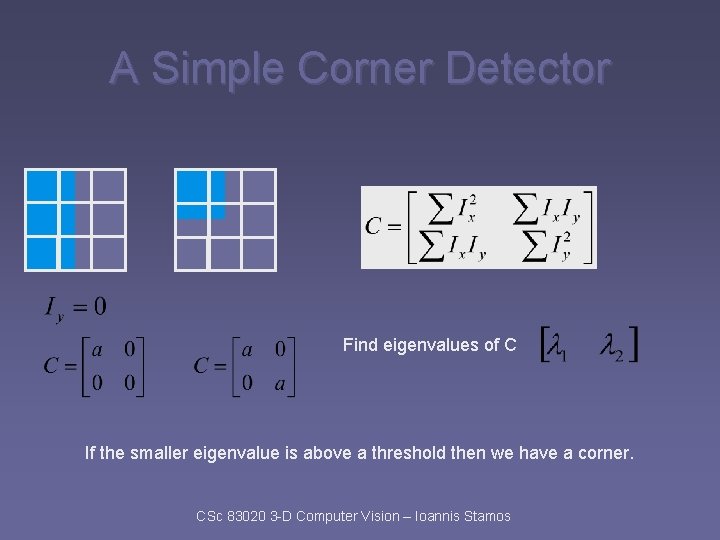 A Simple Corner Detector Find eigenvalues of C If the smaller eigenvalue is above