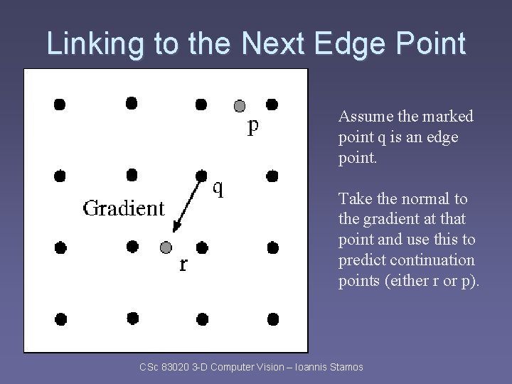 Linking to the Next Edge Point Assume the marked point q is an edge