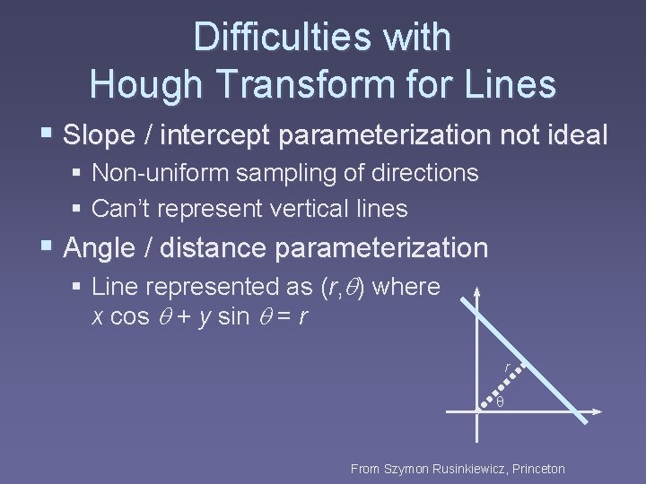 Difficulties with Hough Transform for Lines § Slope / intercept parameterization not ideal §