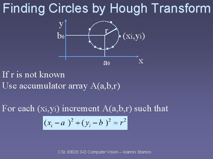 Finding Circles by Hough Transform y b 0 r a 0 (xi, yi) x