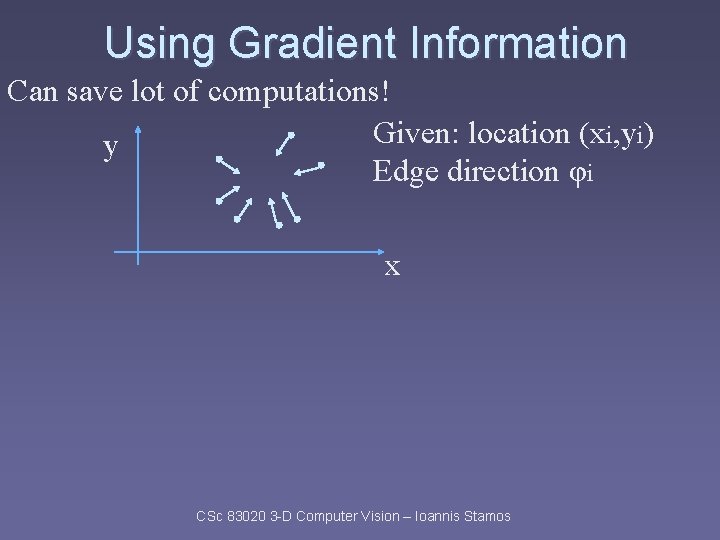 Using Gradient Information Can save lot of computations! Given: location (xi, yi) y Edge