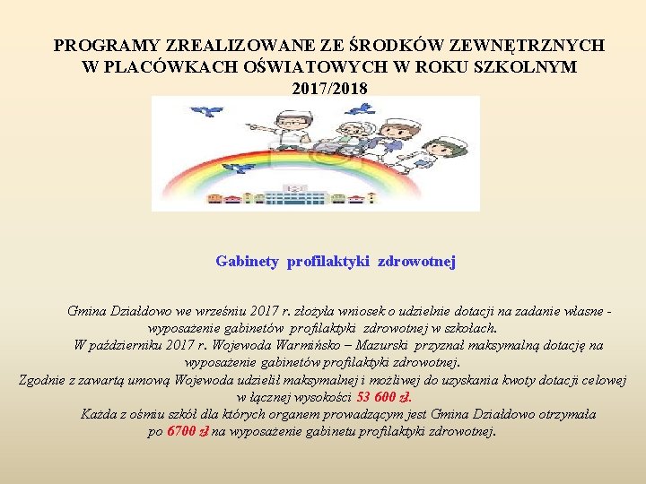 PROGRAMY ZREALIZOWANE ZE ŚRODKÓW ZEWNĘTRZNYCH W PLACÓWKACH OŚWIATOWYCH W ROKU SZKOLNYM 2017/2018 Gabinety profilaktyki