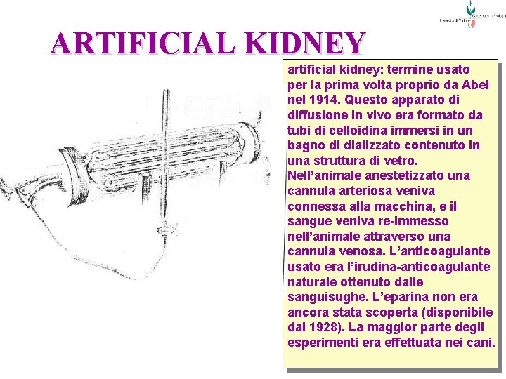 ARTIFICIAL KIDNEY artificial kidney: termine usato per la prima volta proprio da Abel nel