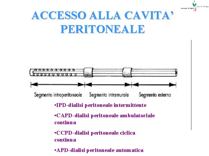 ACCESSO ALLA CAVITA’ PERITONEALE • IPD-dialisi peritoneale intermittente Catetere Tecknoff , 1968. • CAPD-dialisi