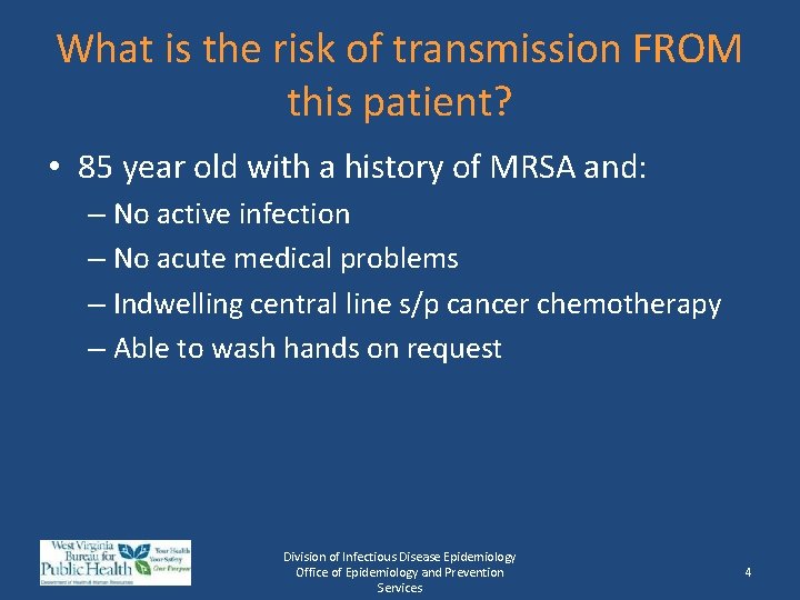 What is the risk of transmission FROM this patient? • 85 year old with