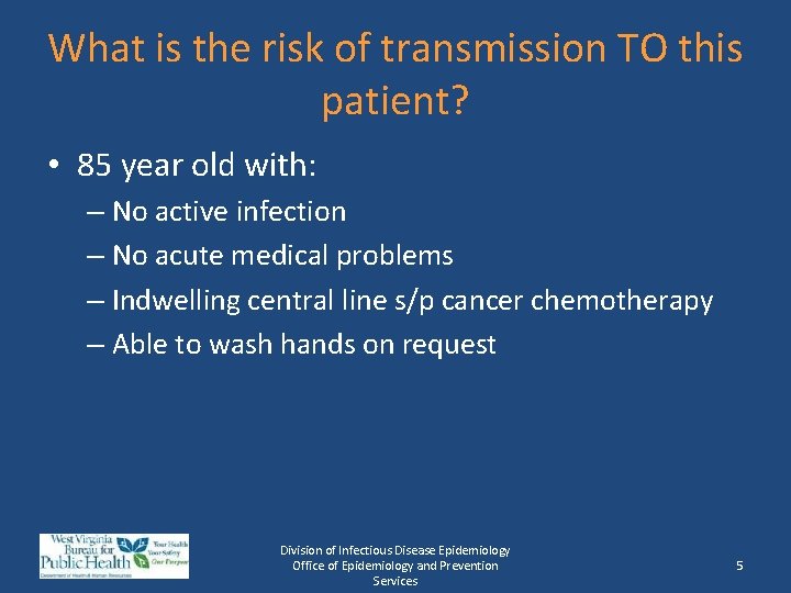 What is the risk of transmission TO this patient? • 85 year old with: