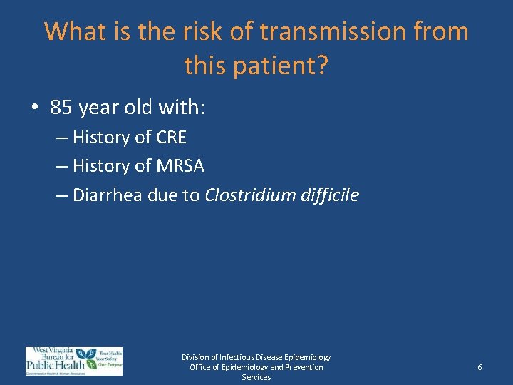 What is the risk of transmission from this patient? • 85 year old with:
