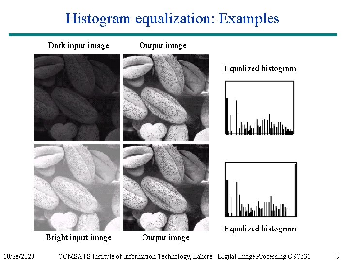 Histogram equalization: Examples Dark input image Output image Equalized histogram Bright input image 10/28/2020