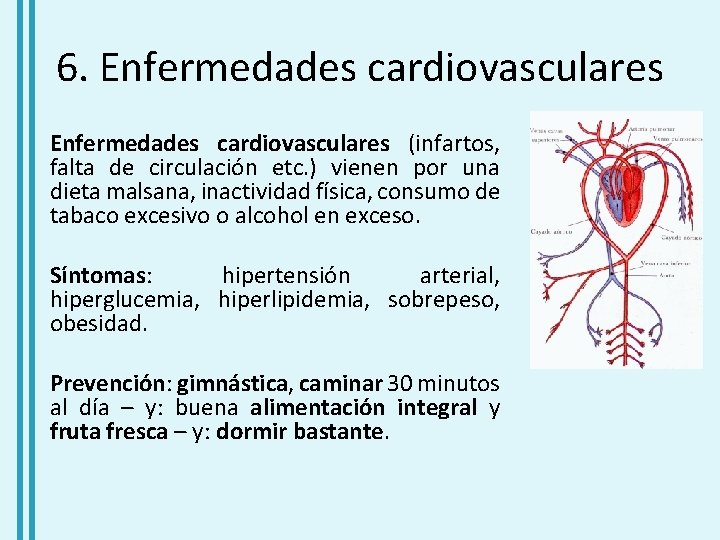 6. Enfermedades cardiovasculares (infartos, falta de circulación etc. ) vienen por una dieta malsana,