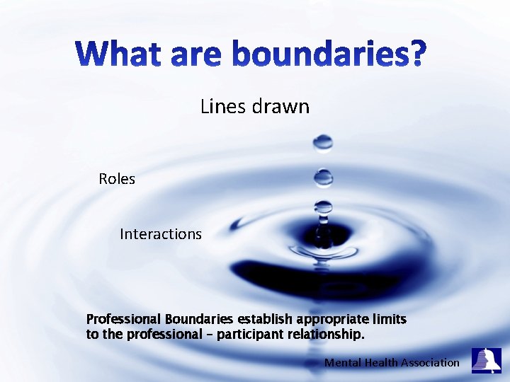 Lines drawn Roles Interactions Professional Boundaries establish appropriate limits to the professional – participant