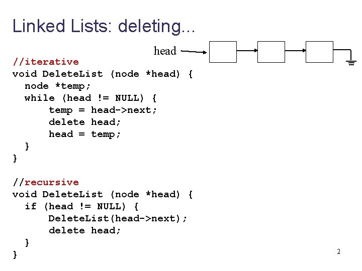 Linked Lists: deleting. . . head //iterative void Delete. List (node *head) { node