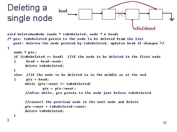 Deleting a single node head to. Be. Deleted void Delete. One. Node (node *