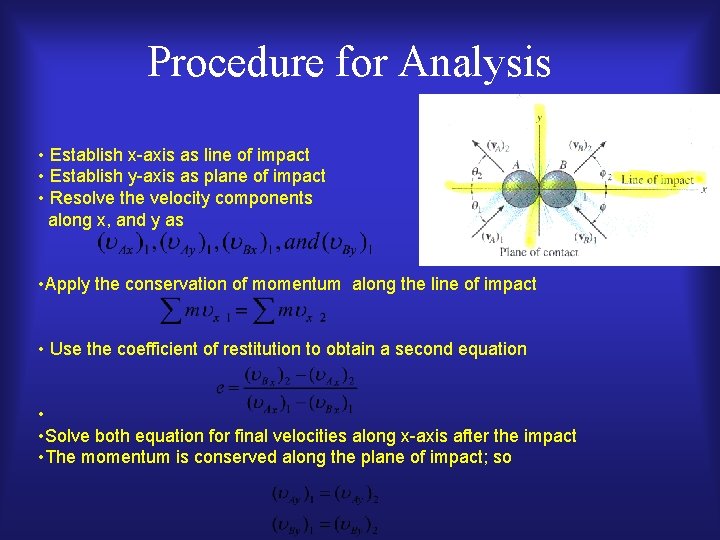 Procedure for Analysis • Establish x-axis as line of impact • Establish y-axis as