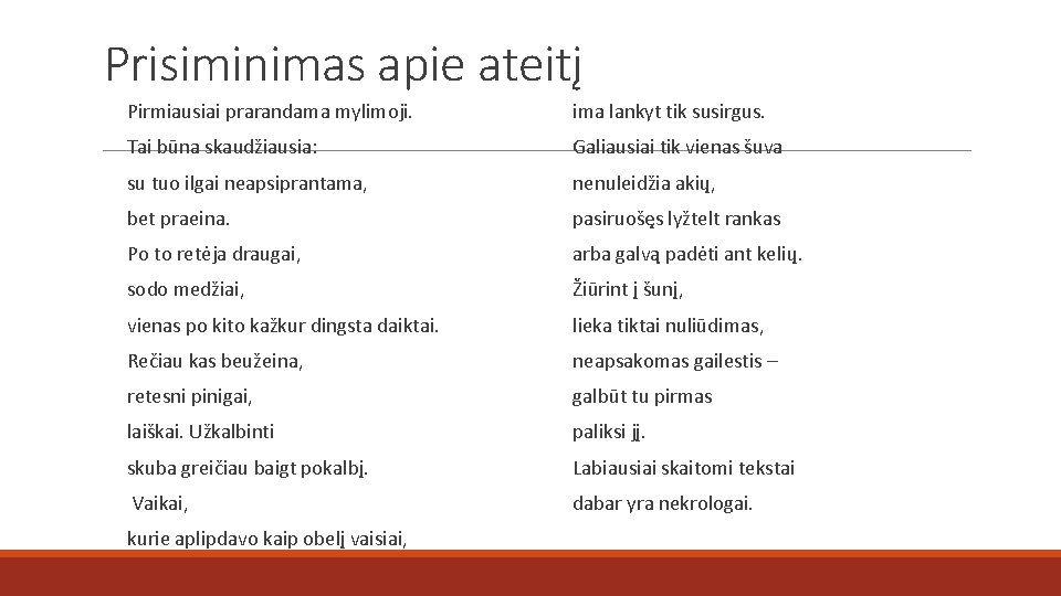 Prisiminimas apie ateitį Pirmiausiai prarandama mylimoji. ima lankyt tik susirgus. Tai būna skaudžiausia: Galiausiai