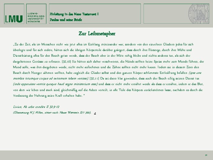Einleitung in das Neue Testament I Paulus und seine Briefe Zur Leibmetapher „Zu der