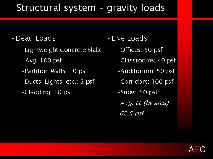 Structural system – gravity loads • Dead Loads –Lightweight Concrete Slab: Avg. 100 psf