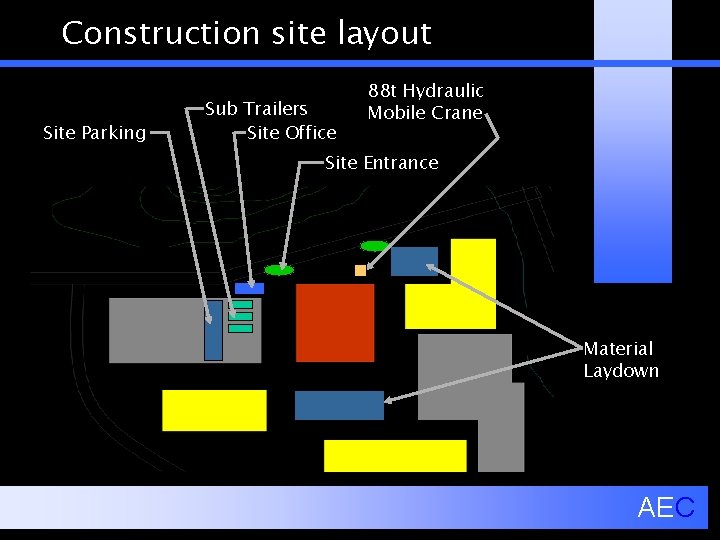 Construction site layout Site Parking Sub Trailers Site Office 88 t Hydraulic Mobile Crane