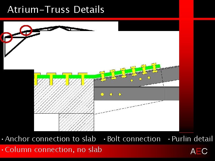 Atrium-Truss Details • Anchor connection to slab • Bolt connection • Purlin detail •